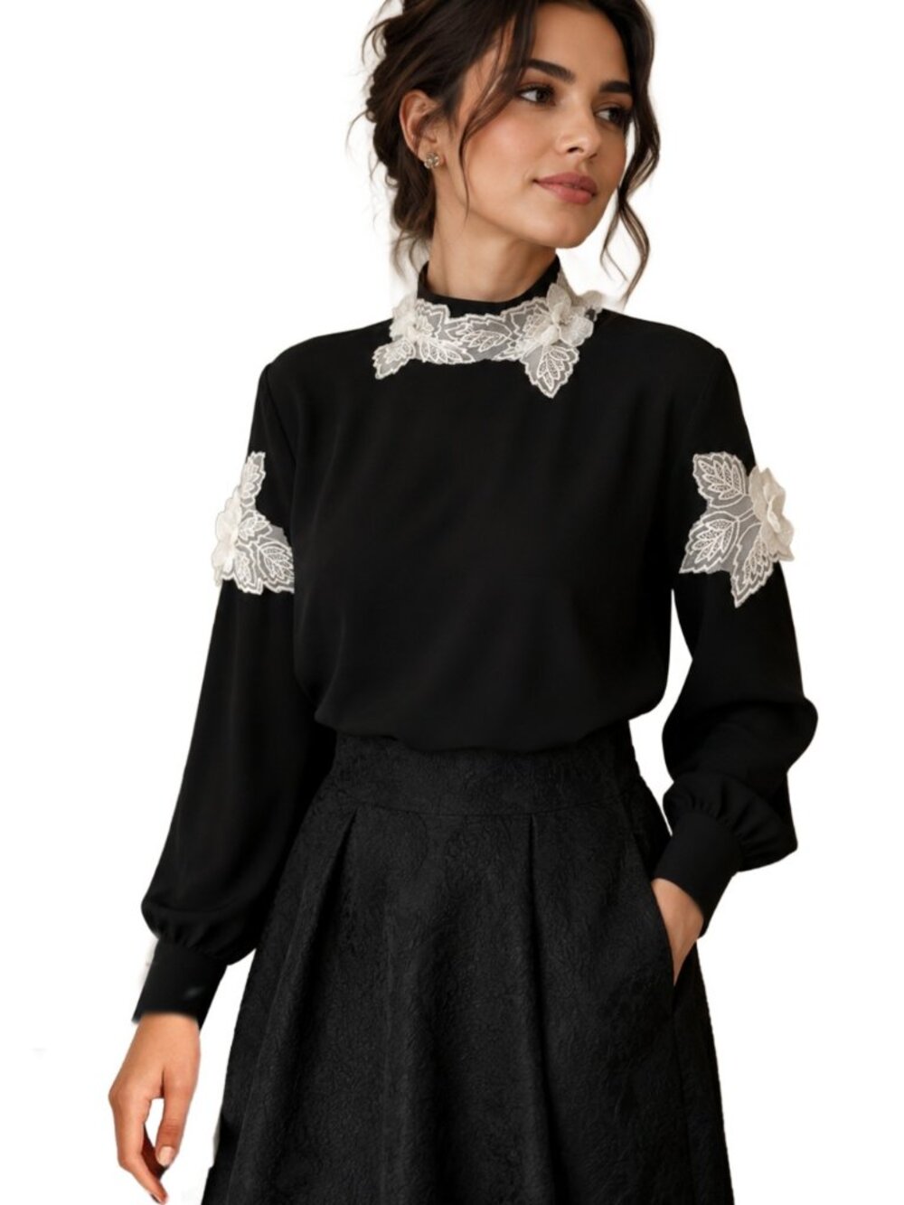 SERPIL Black Blouse Ivory Floral Lace Mock Neck Bishop Sleeve Romantic Top Sz S